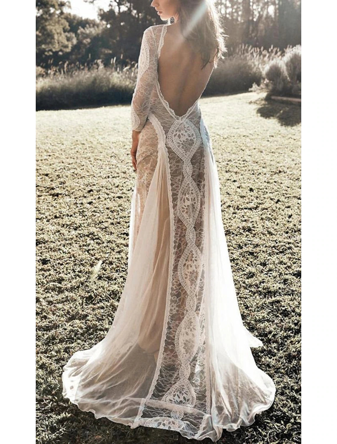 Buyishang Wedding Dresses Mermaid / Trumpet V Neck Long Sleeve Sweep / Brush Train Lace Bridal Gowns With Solid Color